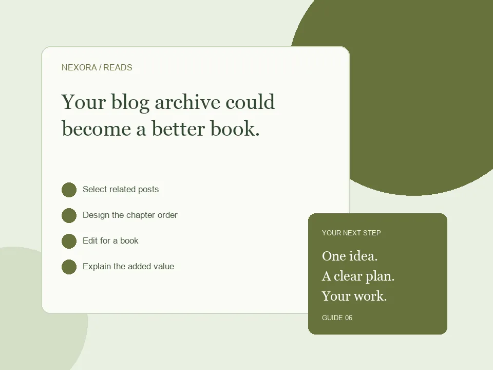 Concept illustration for turn blog posts into an ebook, with organised pages and a creator checklist